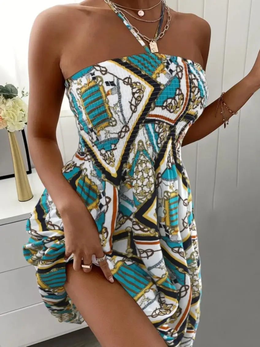 Floral Print Halter Neck Dress Vacation Style Shirred Bust Dress For Spring & Summer Women's Clothing