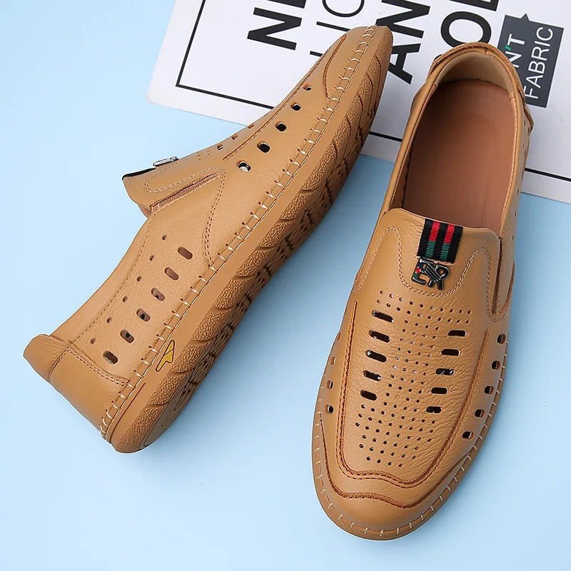 2025 Shoes for Men Genuine Leather Casual Shoes Summer New Hollow Out Slip-on Loafers Fashion Leather Sandals
