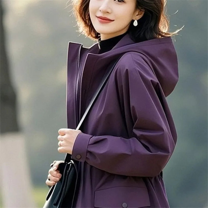 Super Good-Looking Women's Wear Slim Windbreaker Coat Hooded Jacket 2025 New Retro Female Explosive Purple Trench Coat Outwear