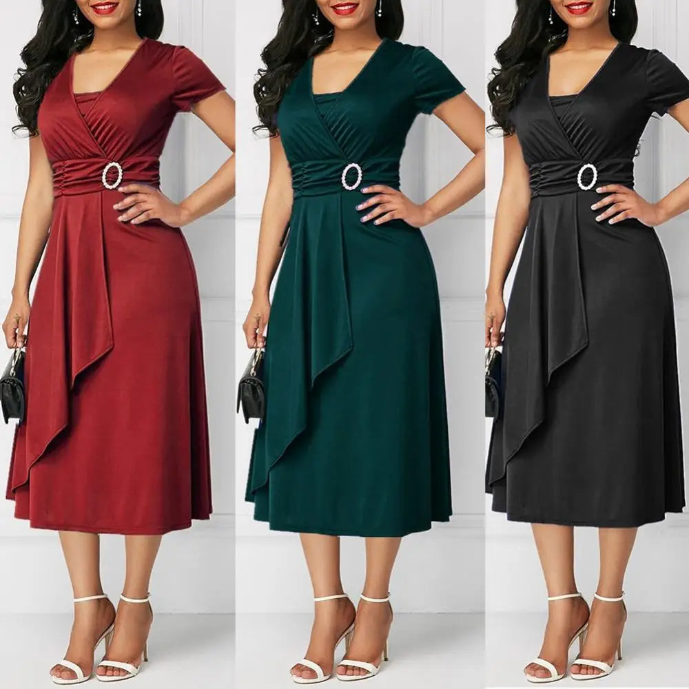 Plus Size Dress Elegant Women Solid Color Short Sleeve V Neck Asymmetric Hem Waist Tight Midi Party Dress Ladies Evening Vestido