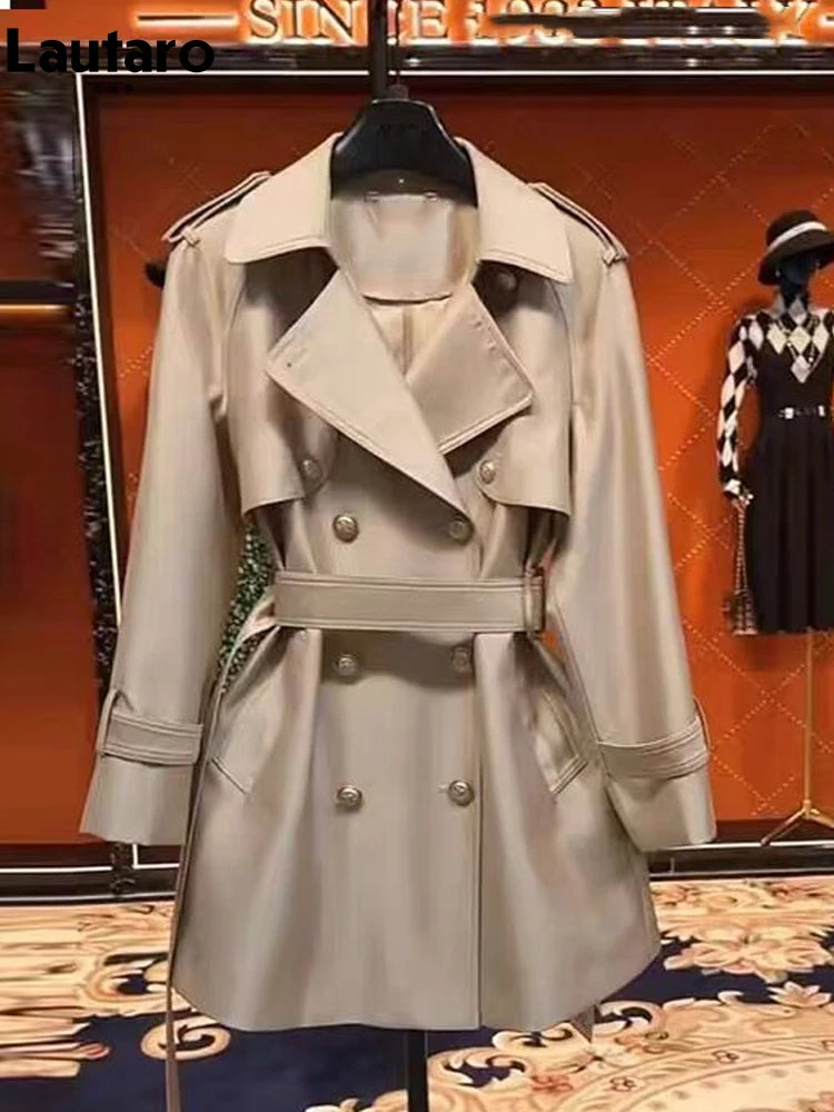 Lautaro Spring Autumn Khaki Satin Trench Coat for Women Belt Double Breasted Elegant High Quality Luxury Designer Clothing