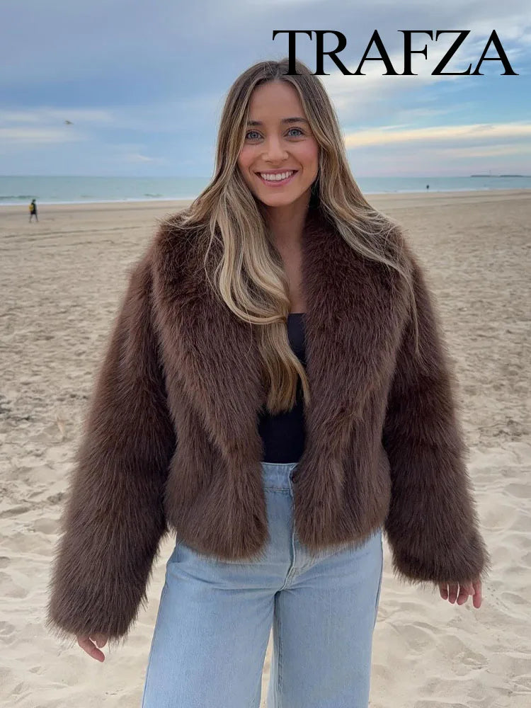 TRAFZA Women Solid Faux Fur Jackets Casual Long Sleeves For Warmth Winter Coat Woman Elegant Turn-Down Collar Loose Outerwear