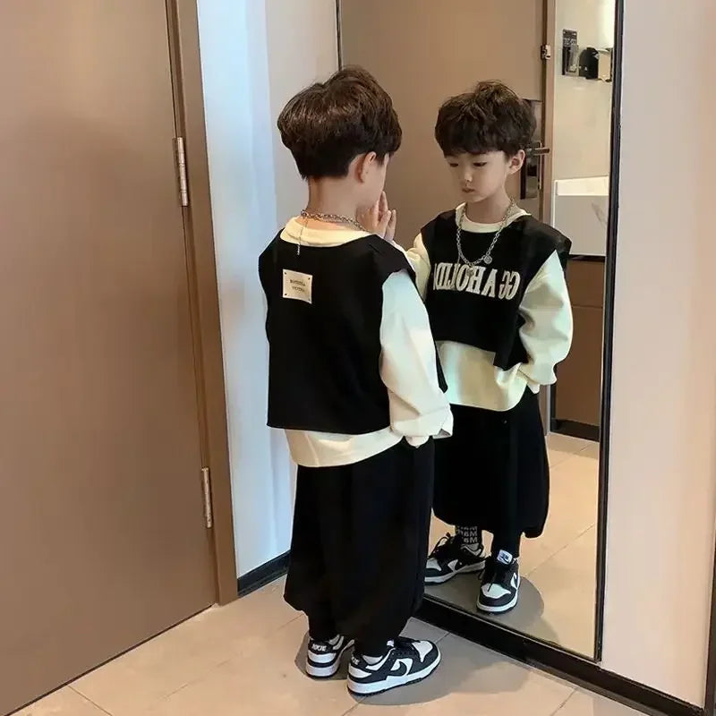 Boys Cotton Spring Autumn Clothing Set 2025 New Baby Sweater+Vest+Sports Pants 3pcs Set Casual Children's Letter Clothes outfits