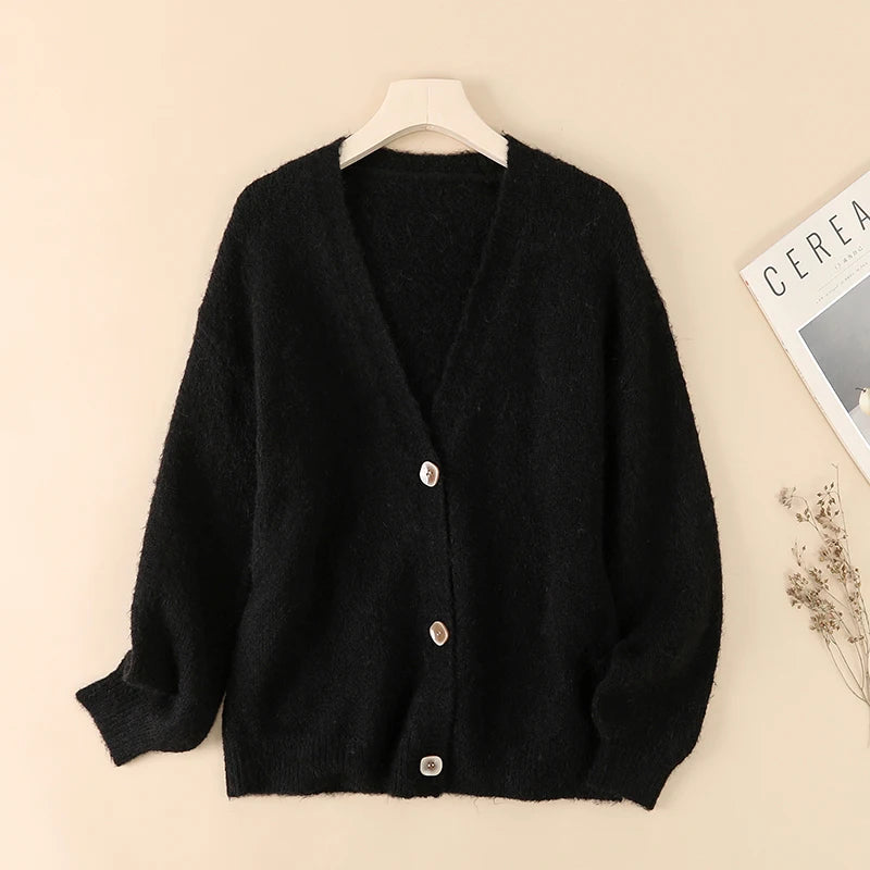 Black Cashmere Blend Wool Soft Winter Warm Knitted V-Neck Women's Cardigans Sweater Korean Fashion Casual Cardigan For Women