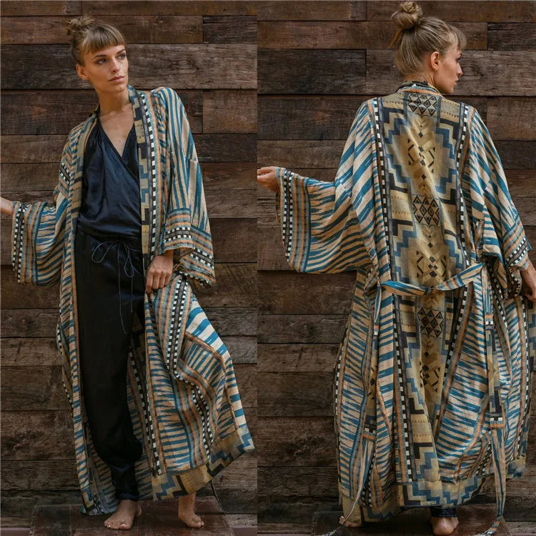 Beach Cover Up Over Sized Kimonos Women's Geometry Print Rayon Kimonos with Belt for Summer