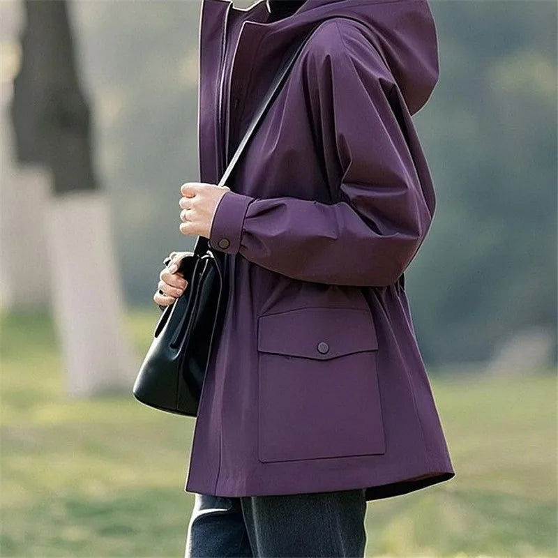Super Good-Looking Women's Wear Slim Windbreaker Coat Hooded Jacket 2025 New Retro Female Explosive Purple Trench Coat Outwear