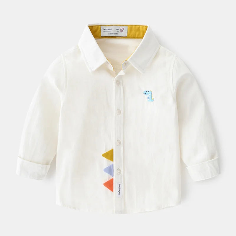 2025 Spring Autumn Boys Long Sleeve Blouses & Shirts Kids Korean Version Cotton Cartoon Dinosaurs Printing Lapel Tops 2-7Years