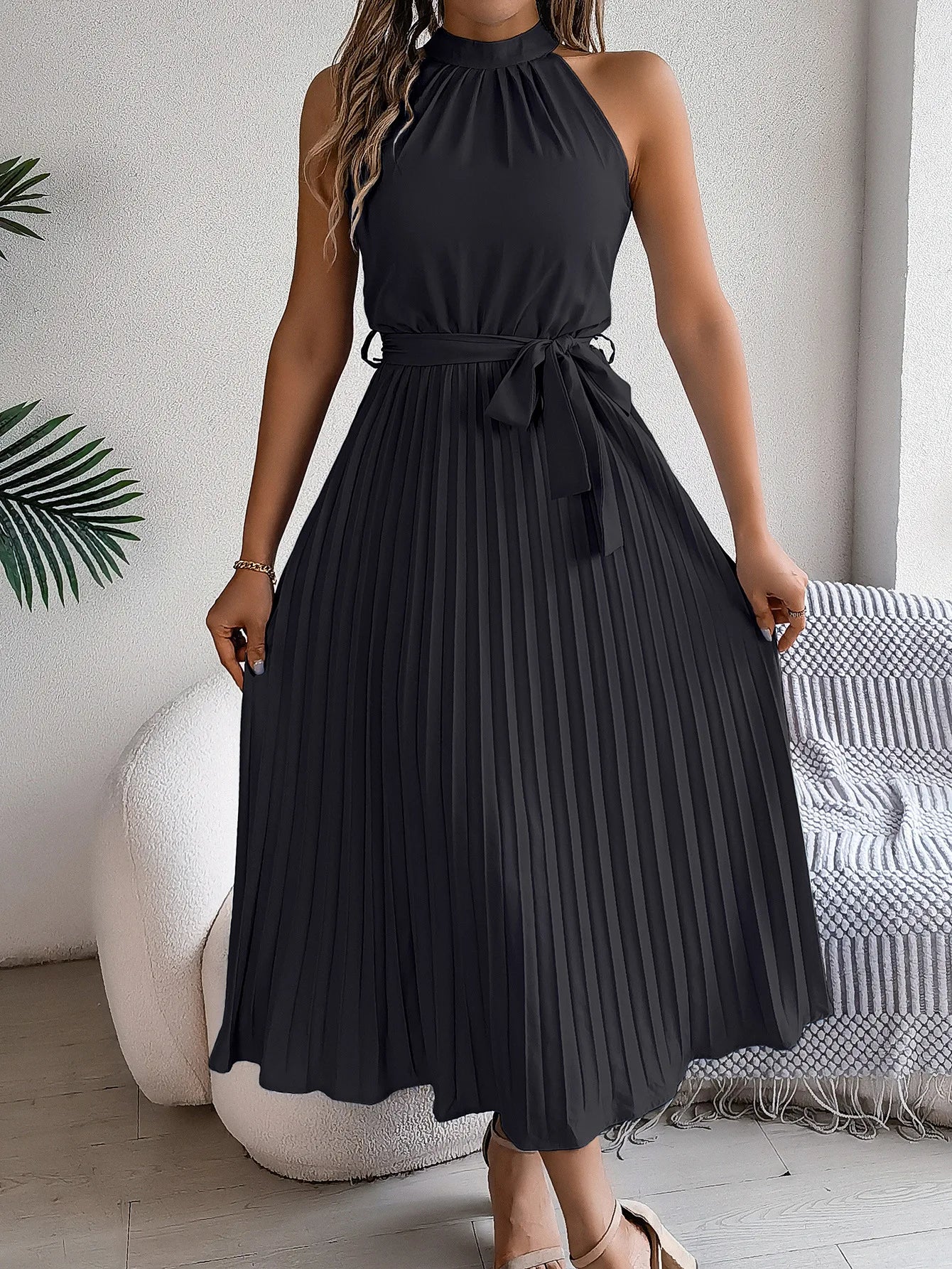 Msfilia Solid Sleeveless Standing Collar Waist Cinched Pleated Long Dress Women's Spring Summer Long Dresses