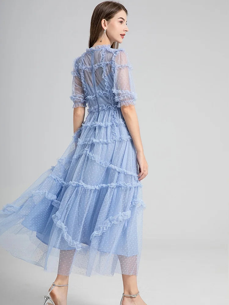 Long Summer Cake Prom Dress Women's Elegant Dot Robe Luxury Ruffles Gauze Mesh Embroidery Edible Tree Fungus Wedding Vestido