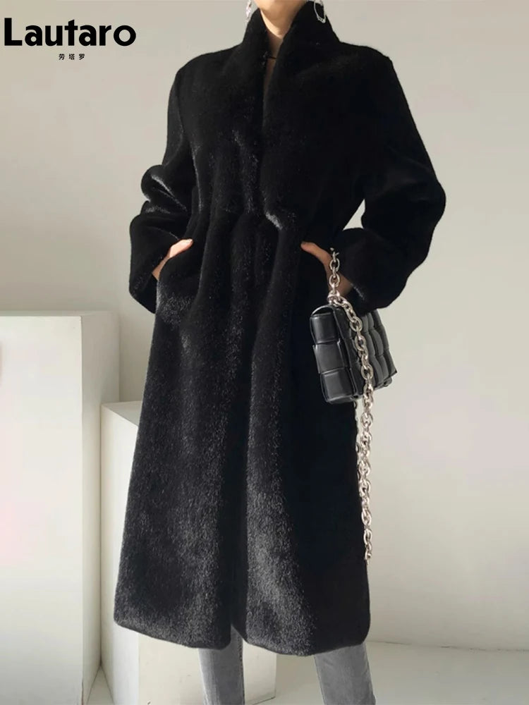 Lautaro Winter Long Black Luxury Elegant Stylish Thick Warm Fluffy Hairy Soft Faux Mink Fur Coat