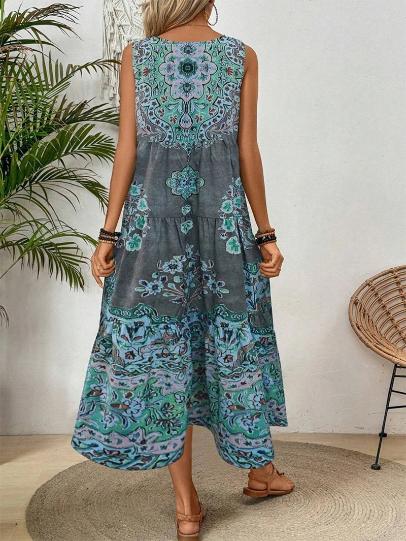 Summer print crew-neck sleeveless dress for women  suitable for casual or beach wear for holiday and long holiday