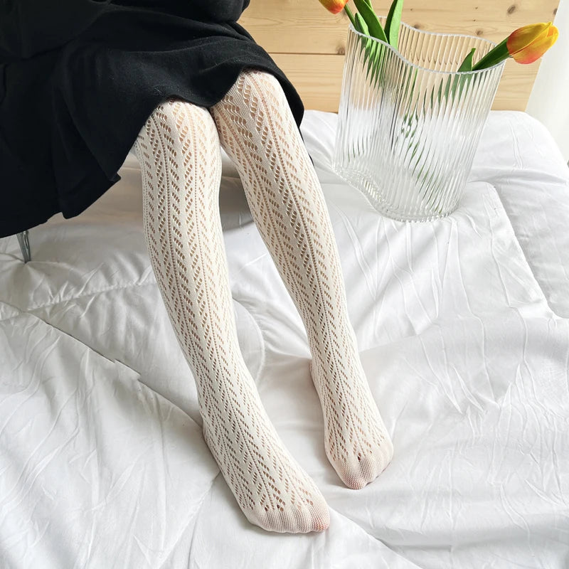 2025 New Summer Girls Tights Pure Cotton Breathable Mesh Beige White Black Children Princess Pantyhose Lolita Leggings For 2-12y