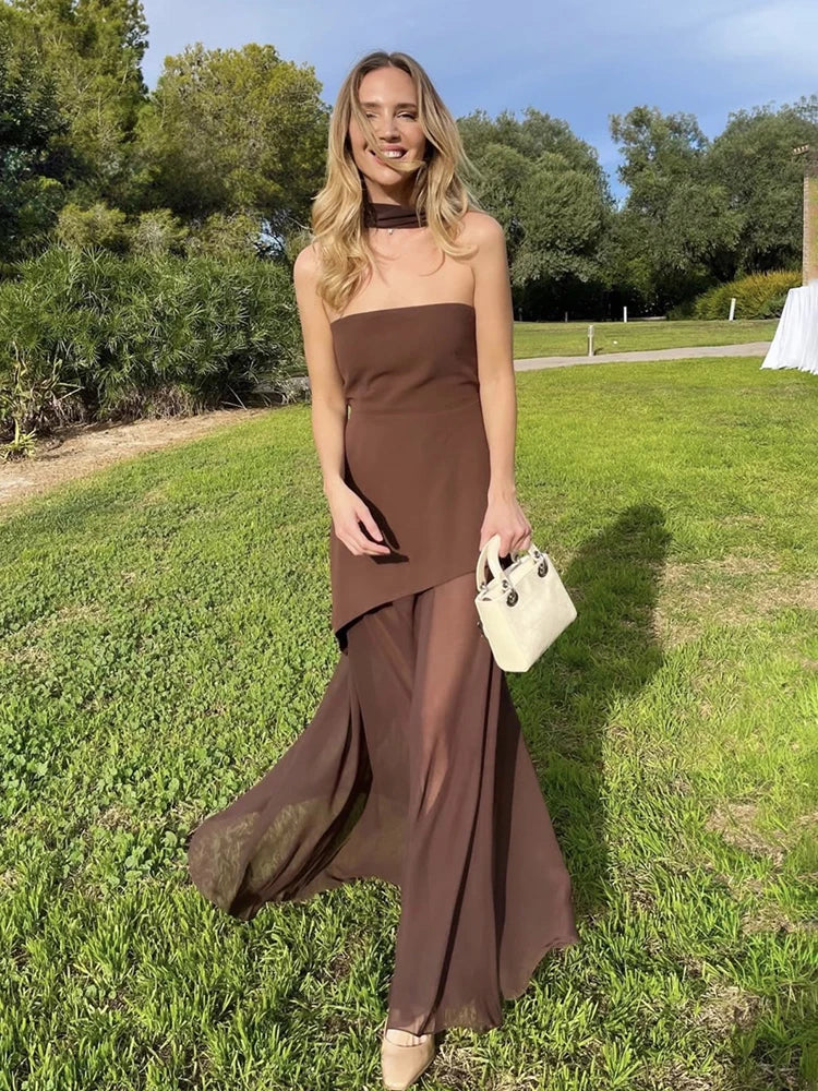 2025 Summer Women Fashion Strapless Dress With Ribbon Patchwork Elegant Sleeveless Mesh Split Dress Vacation Beach Long Dresses