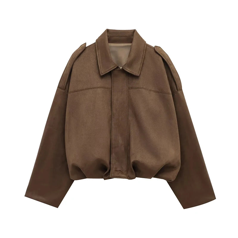 Vintage Suede Jacket Women Casual Lapel Zipper