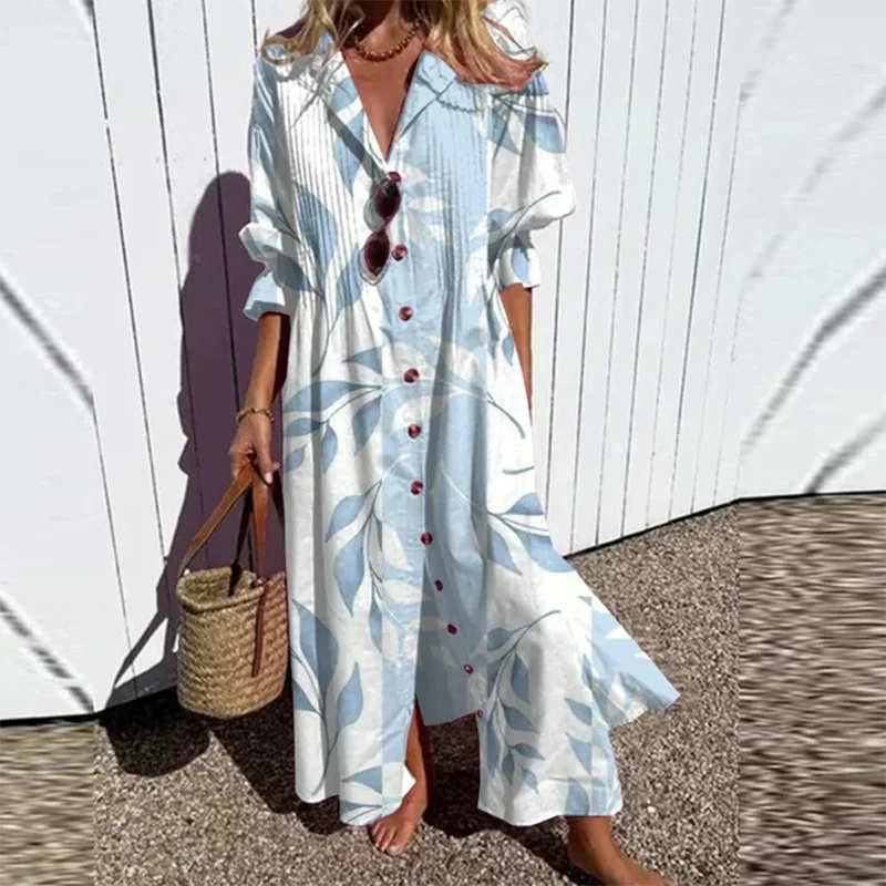 New Women's V-neck Single Breasted Shirt Dress Casual Loose Bohemian Long Dress 2024 Retro Pattern Printed Loose Vacation Dress