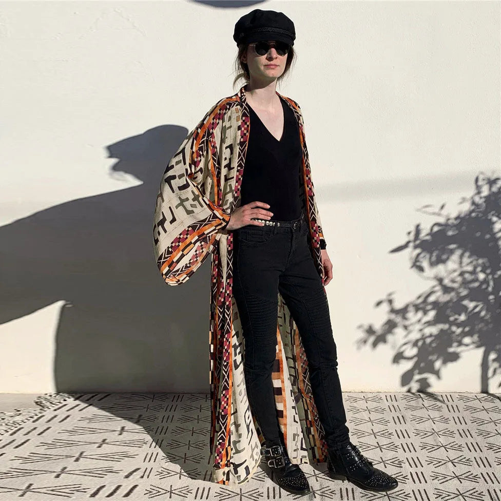 Beach Cover Up Over Sized Kimonos Women's Geometry Print Rayon Kimonos with Belt for Summer