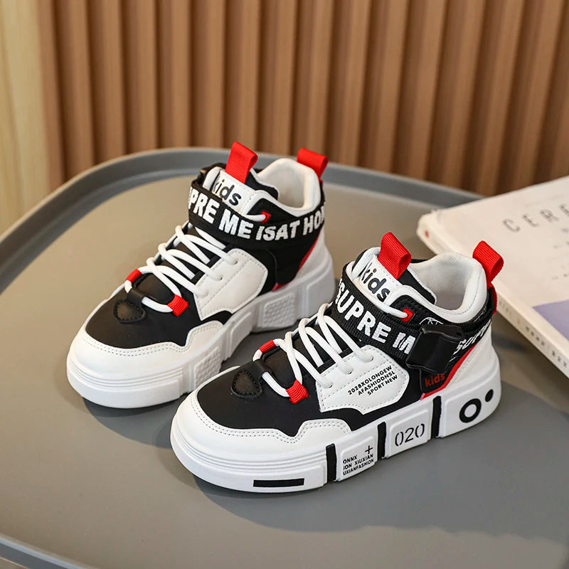Family shoes 2024 new children's sports shoes high top large children boys casual buckle non-slip wear-resistant blue ball shoes