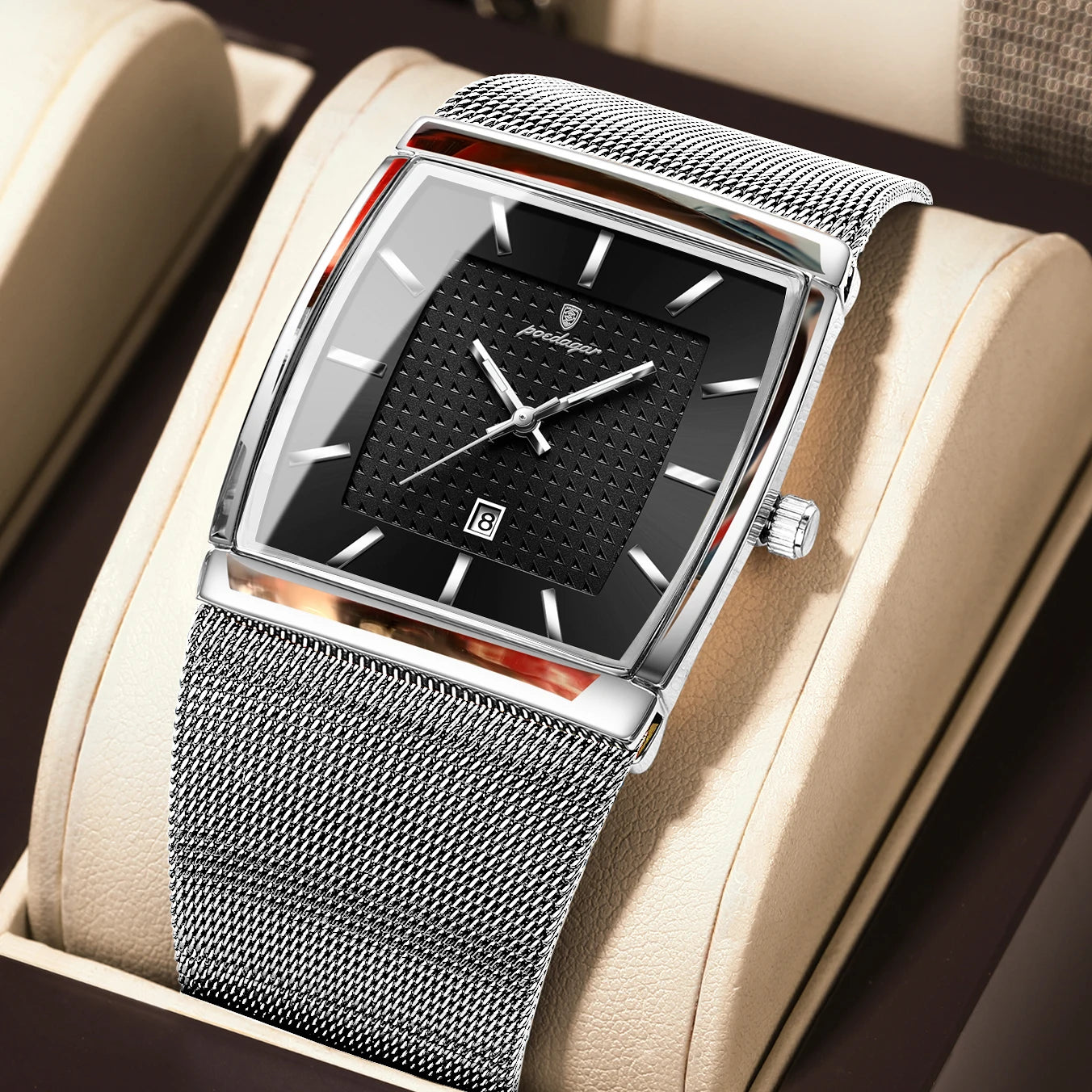 POEDAGAR Top Original Men Watch Waterproof Luminous Date Rectangle Man Wristwatch Mesh Stainless Steel Men's Quartz Watches Male