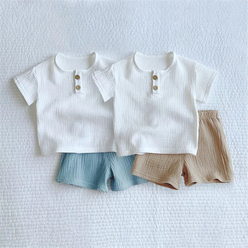 1-6Years Summer Boys Clothes Set Solid Color Organic Cotton Top + Shorts 2Pcs Kids Baby Clothes