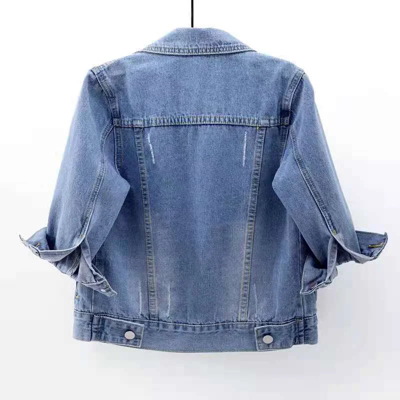 Spring Summer Half Sleeve Women Collared Distressed Coat Ladies Washed Cropped Denim Jacket Girl Ripped Jean Cardigan Shawl