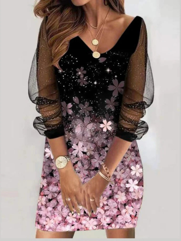 Sexy Mesh Sleeves V Neck Sequins Print Slim Bodycon Dress Women Long Sleeves Causal Dress Elegant Club Party Vestidos