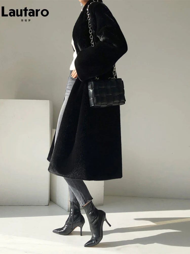 Lautaro Winter Long Black Luxury Elegant Stylish Thick Warm Fluffy Hairy Soft Faux Mink Fur Coat