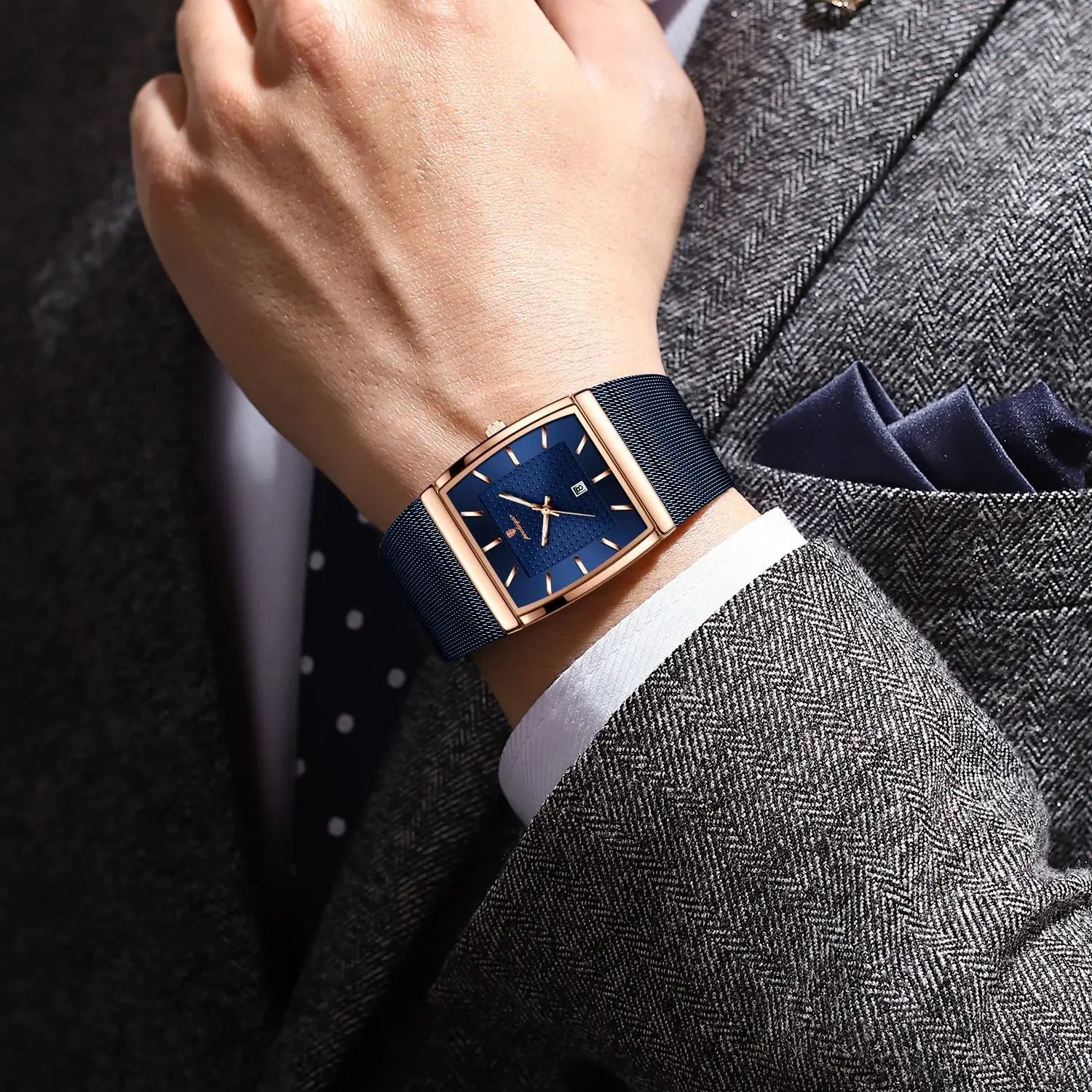 POEDAGAR Top Original Men Watch Waterproof Luminous Date Rectangle Man Wristwatch Mesh Stainless Steel Men's Quartz Watches Male
