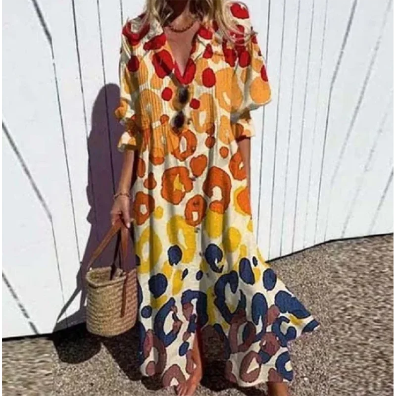 New Women's V-neck Single Breasted Shirt Dress Casual Loose Bohemian Long Dress 2024 Retro Pattern Printed Loose Vacation Dress