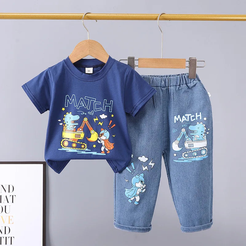 2025 New Children's Set boys Summer Cartoon Printed Short Sleeve+Cowboy Pants Infant Fashion Set 0-4 Years Old