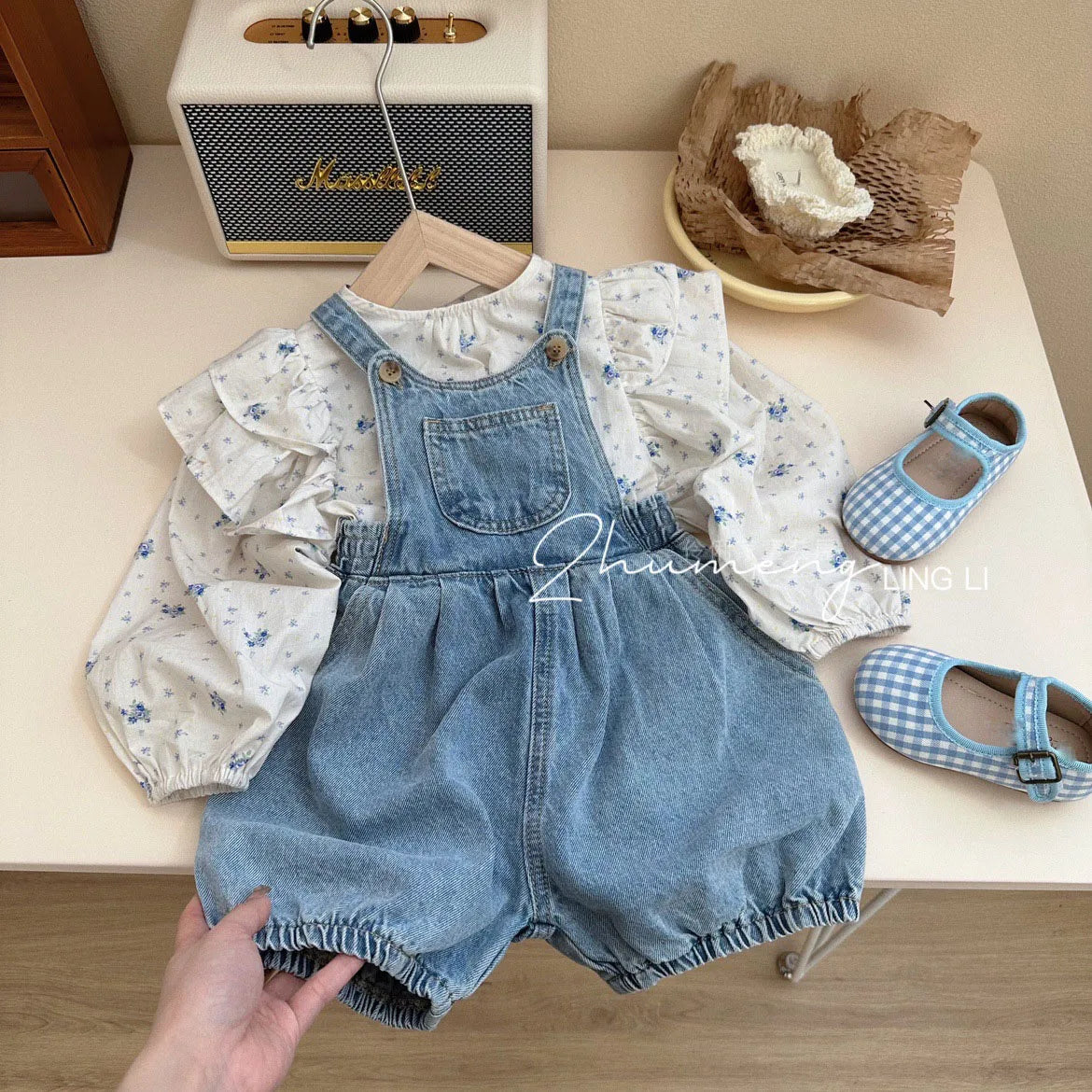 2023 Spring and Autumn New Girl's Clothing Sets Kids Cute Floral Doll Shirt+Cowboy Strap Pants Two Piece Set for Baby Girls