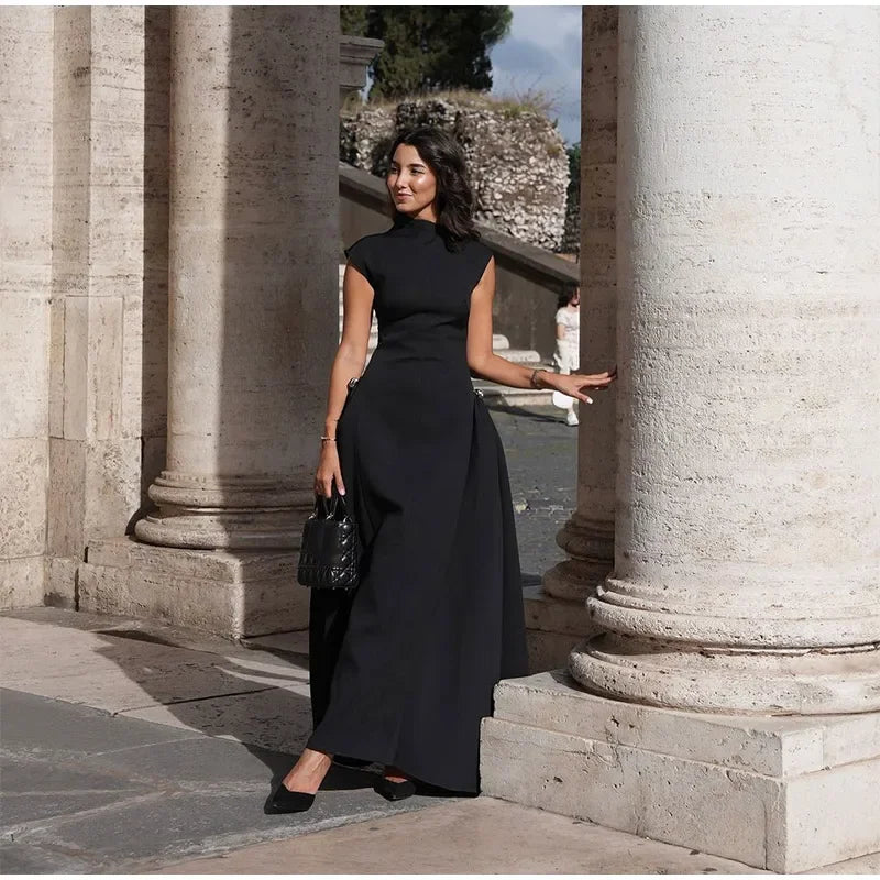 Elegant Brown Diagonal Neck Long Dress Vintage Women's Loose Black Metal Buckle Sleeveless Maxi Dresses Female 2025 Summer Robe