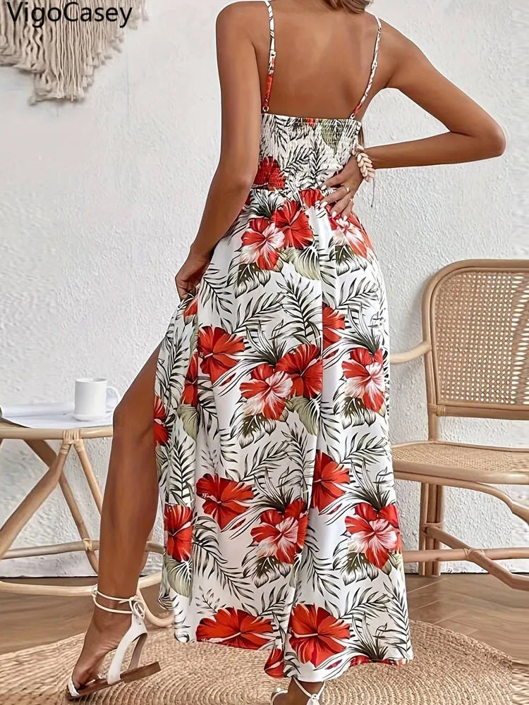 VigoCasey 2025 Summer Female Print Casual Bodycon Dress Women Sexy Sleeveless Strap Long Dress Lace Patchwork Tight Club Dresses