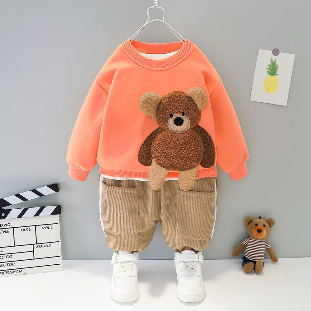 Baby cartoon Bear Plush Children's Clothing Set Boys Girls Sweatshirts Pants Suit Children's Print Simple Suit