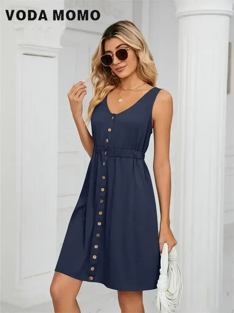 Vintage Elegant Summer Casual A-Line Womens Pullover Loose Pocket Dress Chic O-Neck Solid Sleeveless Long Dresses For Women