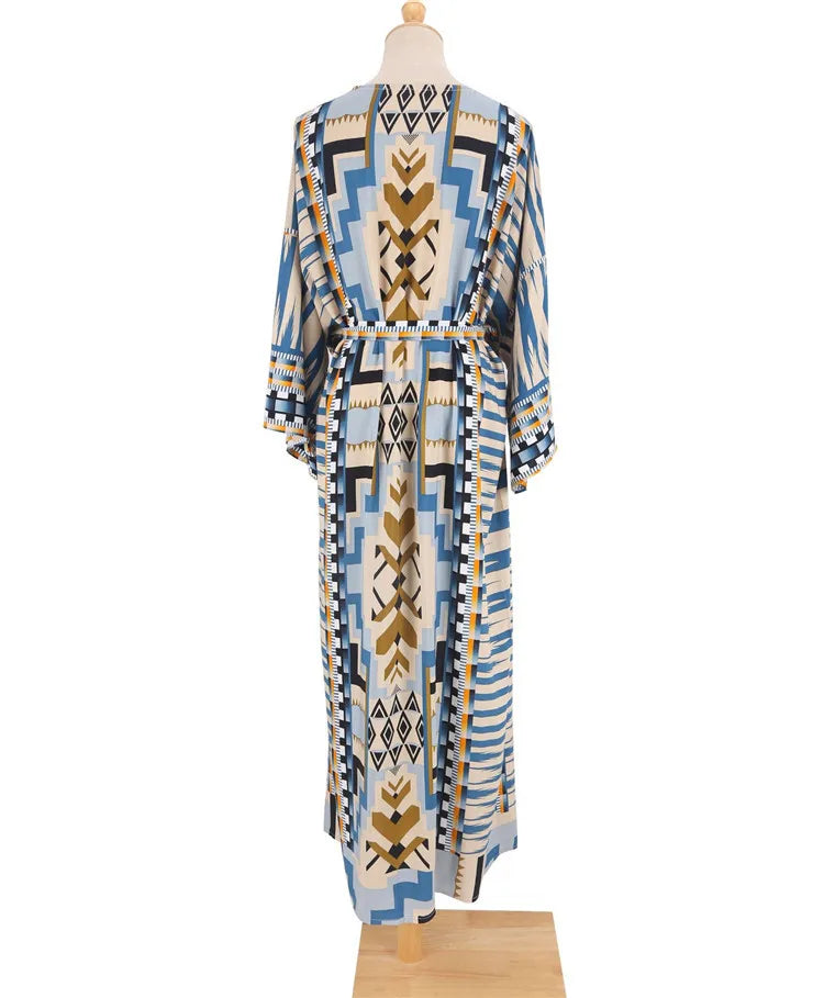 Beach Cover Up Over Sized Kimonos Women's Geometry Print Rayon Kimonos with Belt for Summer