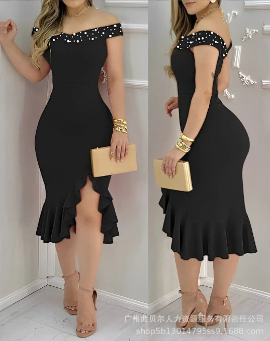Womens Dresses Summer Fashion Beaded Off Shoulder Ruffles Slit Hem Elegant Plain Short Sleeve Skinny Midi Party Dress