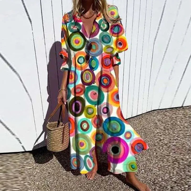 New Women's V-neck Single Breasted Shirt Dress Casual Loose Bohemian Long Dress 2024 Retro Pattern Printed Loose Vacation Dress