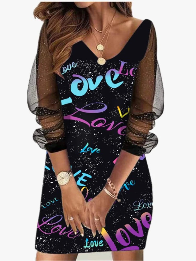 Sexy Mesh Sleeves V Neck Sequins Print Slim Bodycon Dress Women Long Sleeves Causal Dress Elegant Club Party Vestidos