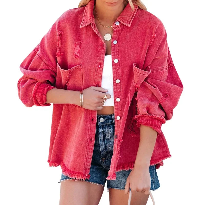 CasualdenimJacketWomen's Clothing Fringe European Style Solid Color Wash Jacket Loose Fit From China For All Seasons