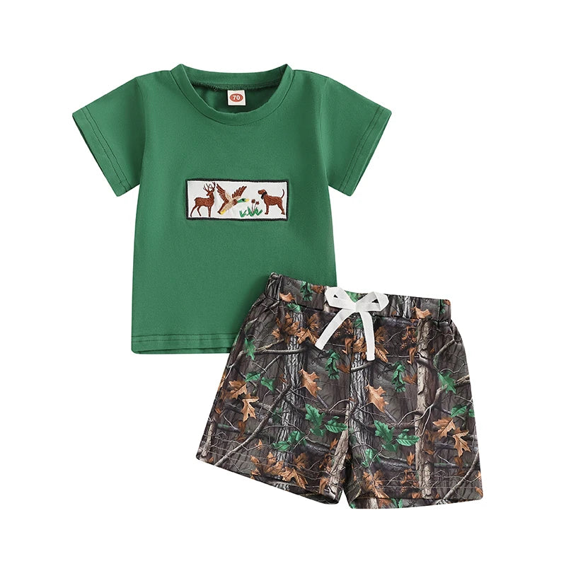 Summer Infant Kids Boy Clothes Sets Fashion Wild Goose Animals Embroidery Short Sleeve T-Shirts Elastic Waist Shorts 2pcs Outfit