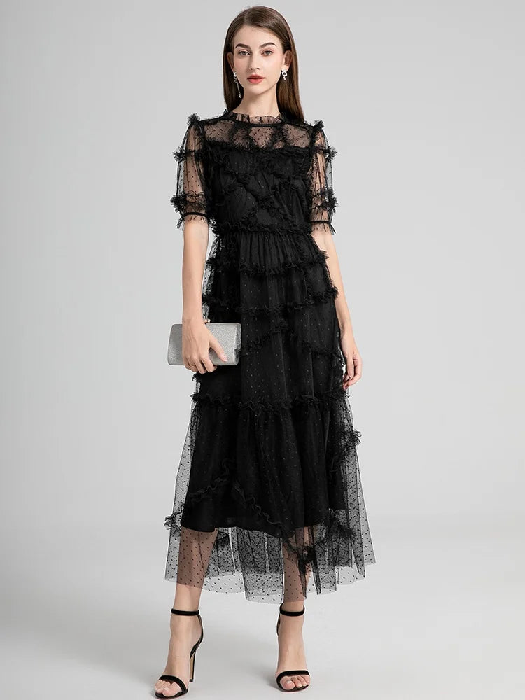 Long Summer Cake Prom Dress Women's Elegant Dot Robe Luxury Ruffles Gauze Mesh Embroidery Edible Tree Fungus Wedding Vestido