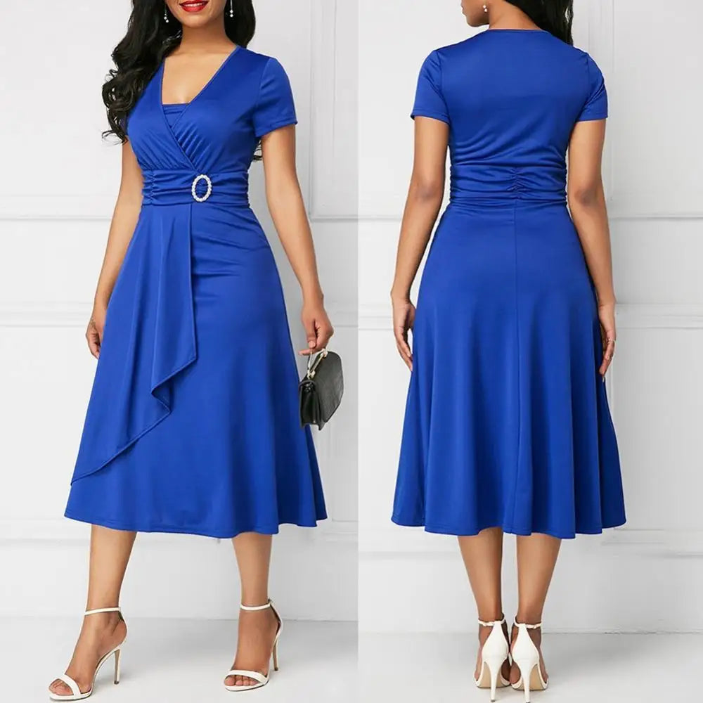 Plus Size Dress Elegant Women Solid Color Short Sleeve V Neck Asymmetric Hem Waist Tight Midi Party Dress Ladies Evening Vestido