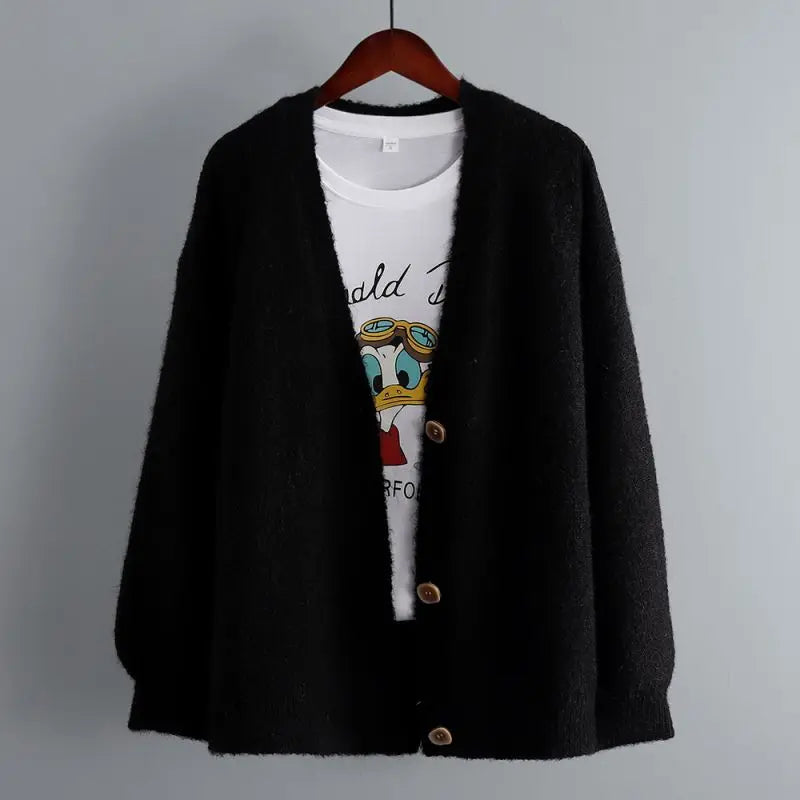 Black Cashmere Blend Wool Soft Winter Warm Knitted V-Neck Women's Cardigans Sweater Korean Fashion Casual Cardigan For Women