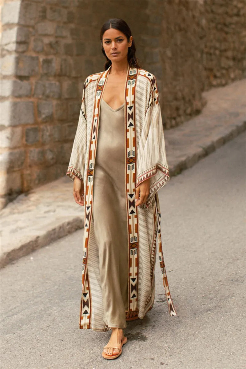 Beach Cover Up Over Sized Kimonos Women's Geometry Print Rayon Kimonos with Belt for Summer
