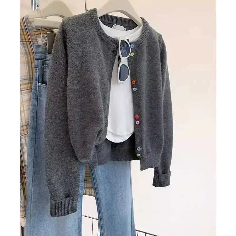 Gray Knitting Cardigan Women's Spring and Autumn Clothing 2025 New Arrival Japanese Women's Sweater Classic  Coat