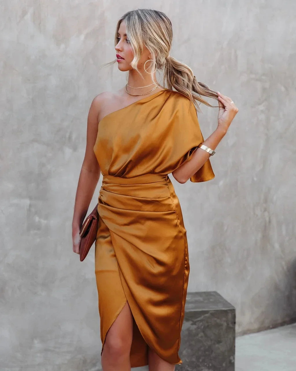 Elegant Pleated Solid Women Dress Single Sleeve Diagonal Collar Mini Dress Irregular A-line High Waist Party Evening Dresses