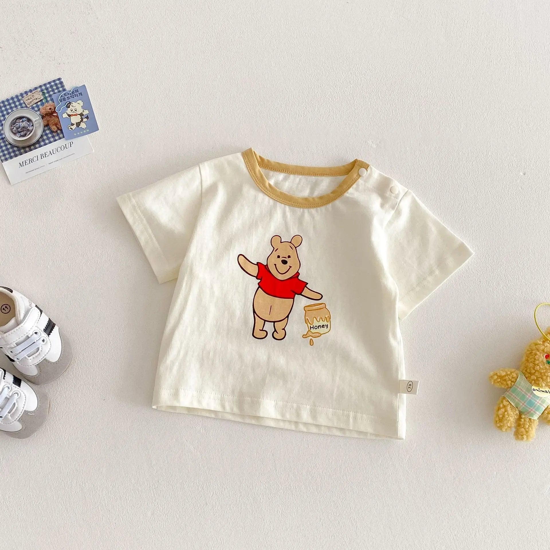 Baby Cartoon T-shirt 2025 New Summer Style 0-5-year-old Boy's Trendy Contrasting Color Base Shirt, Trendy Baby Bear Top