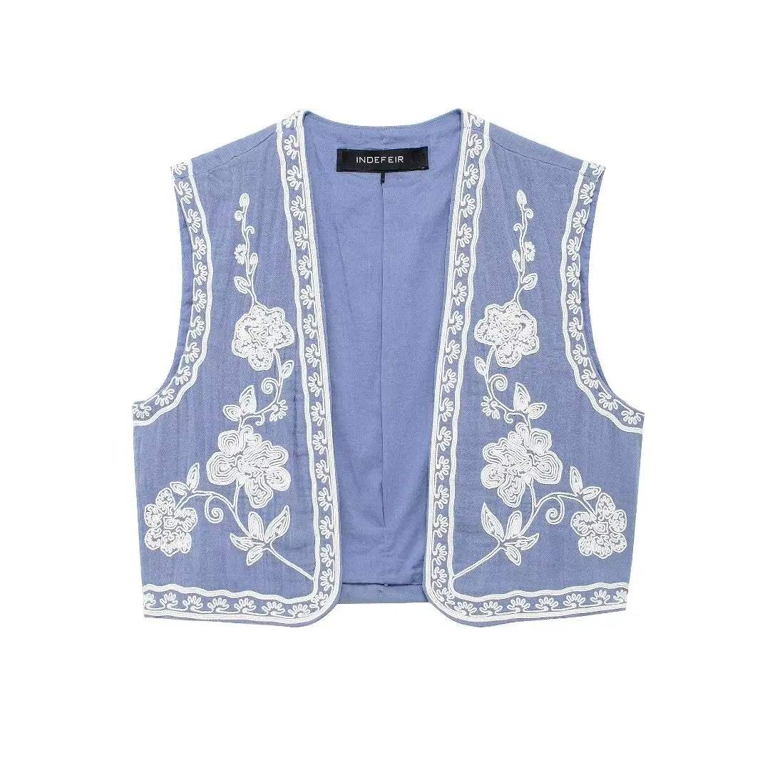 New Women Sleeveless Embroidered Vest Causal Female Vintage Boho Vest Woman Cropped Jacket Waistcoat Women Cardigan