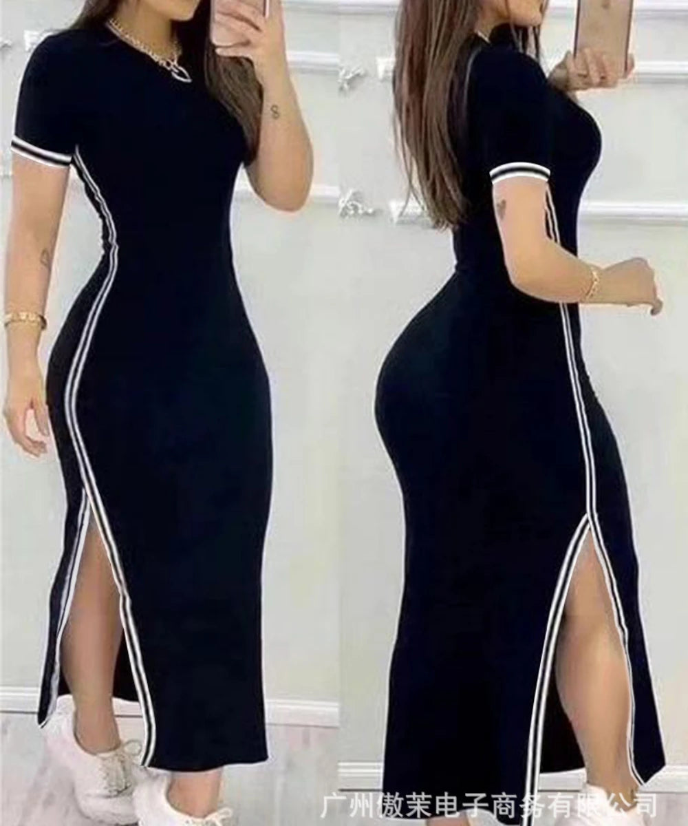 Women Sport Solid Dress Short Sleeved Round Neck Side Split Long Dresses Slim Fit