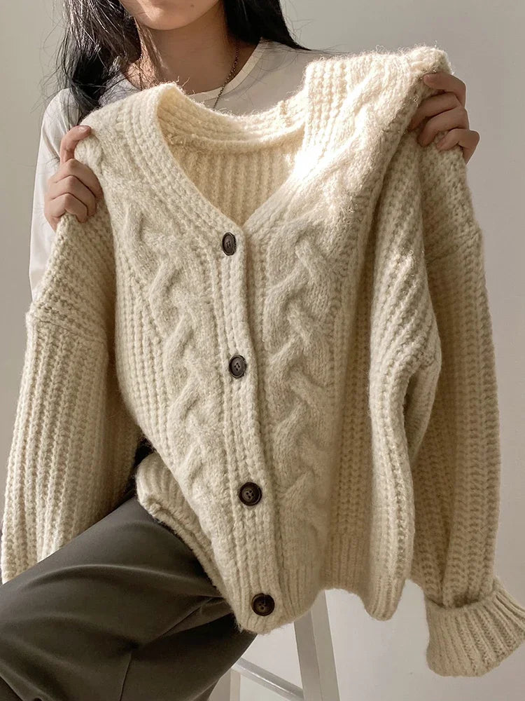 Korean Thick Women Cardigan Knitted Sweater Autumn Winter chic Loose Long Sleeve Tops Simple Solid sweater jacket for Female